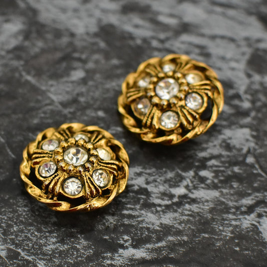 2個セット ヴィンテージ ラインストーン付ボタン 金属製