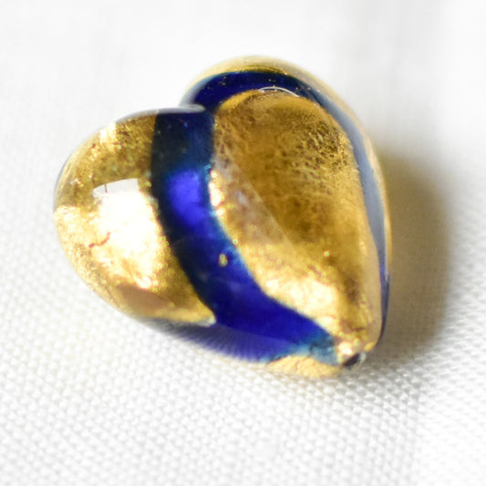 ベネチアンガラスビーズ　ハート型　25ミリ　ゴールドフォイル×ブルー