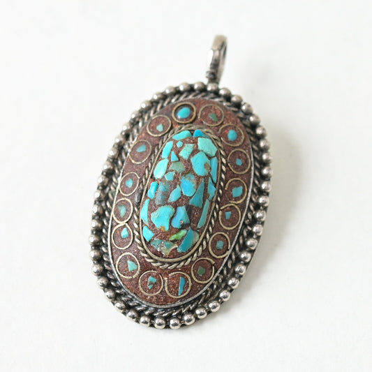 【中央アジア・シルクロード】ターコイズ風モザイクペンダントトップ／縦5.5cm×幅3cm